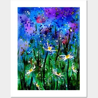 Daisy Flowers Field at Night Posters and Art